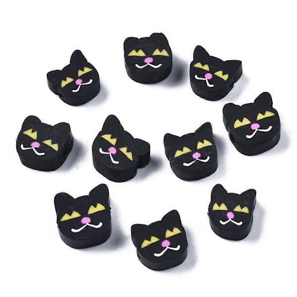 100 stk. Håndlavede Polymer Ler Perler Kat Sort 8~10x8~10x3.5~5mm Hul: 1.5mm