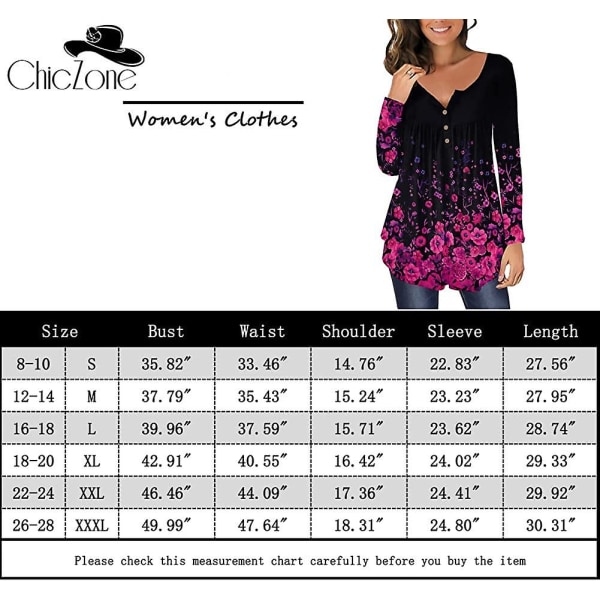 Dame Tunika Topper Ensfarget Plissert V-hals Knapper Bluse Blomstertrykte Damer Mixblue 1 M