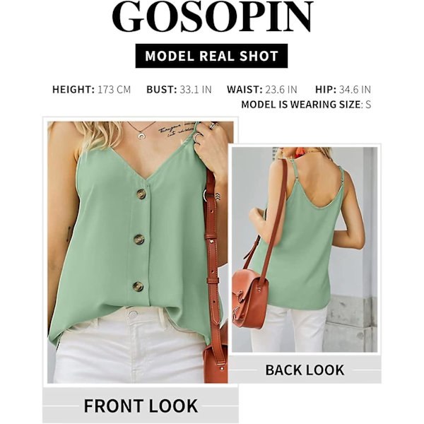Sommerbluse for kvinner, ermeløs V-hals, avslappet, justerbare spaghettistropper, cami Light Green M
