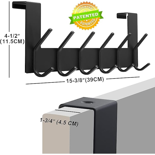 Dörrhängare med 6 krokar - Klädställ över dörren för att hänga kläder, hattar, handdukar, svart