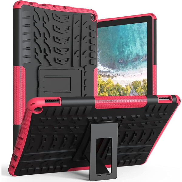 För FIRE Hd 10 Tablet Case 2021, Heavy Dual Dual Layer Stötsäker Slagtålighet Kickstand Case Kompatibel med Fire Hd 10 Case & 10 Pink