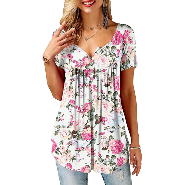 Dame Skjorter Flæse Løs Knap Tunic Toppe Til Kvinder Whitepink M