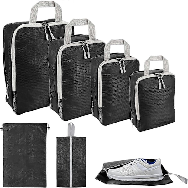 6-pack Kompressionspackningskuber för Resväska Achort Packningskuber för Resväska Organiseringsväskor Set Utbyggbara Bagageorganisatörer för Resväska Black