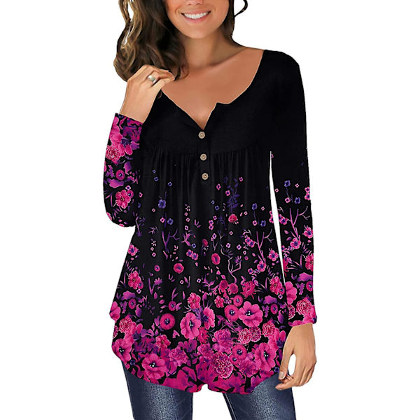 Dame Tunika Topper Ensfarget Plissert V-hals Knapper Bluse Blomstertrykte Damer Tealwhite 2XL