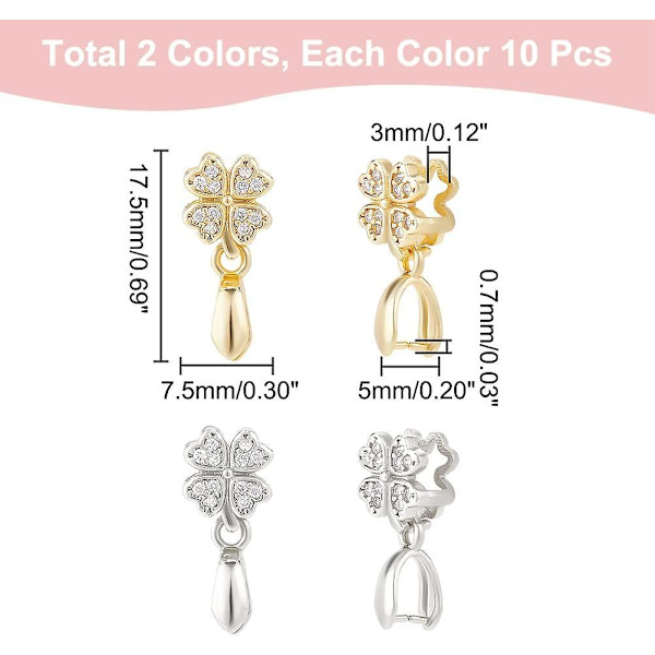 20 stk. 2 Farver Firkløver Isøkse Klemmebøjle Platin Lås Bøjle Gylden Snap On Bøjle Cubic Zirconia Klemme Clip Dingle Vedhæng Forsyninger Til St.