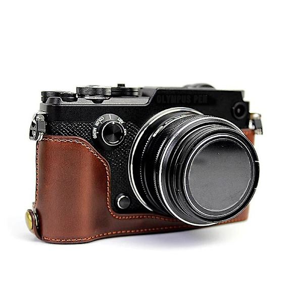 PU-läder kameraskyddsfodral för Olympus PEN-F, halv kroppsskydd med bottenöppning Coffee