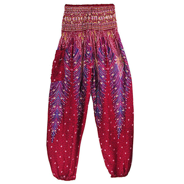 Boho Joogahousut Naisille - Painetut Pilateshousut Löysällä Istuvuudella ja Pussimaisella Harem-tyylillä - Täydelliset Rannalle, Joogaan, Tanssiin ja Muuhun Wine Red One Size