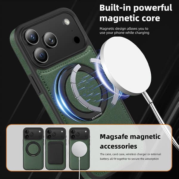 Skal för iPhone 17 Pro Max med Ringstativ Kompatibelt med MagSafe PU Läder Baksida