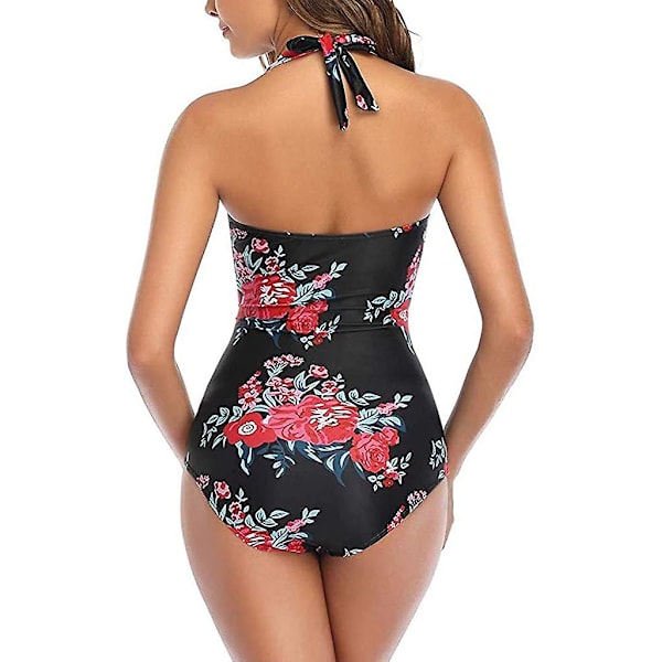 Badedragt i ét stykke til kvinder, retro rynket badetøj, halterneck, ensfarvet 09 red Floral XS