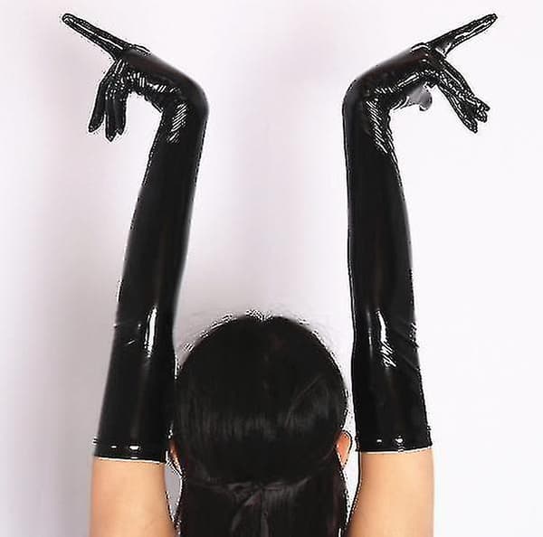 Dame Sorte Lange Handsker Våd Look Handsker Elastiske Skinnende Sorte Operahandsker Xixi black FS