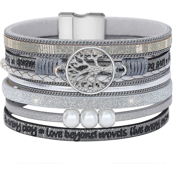 Livets Træ Armbånd Multilags Læder Wrap Cuff Armring Magnetisk Spænde