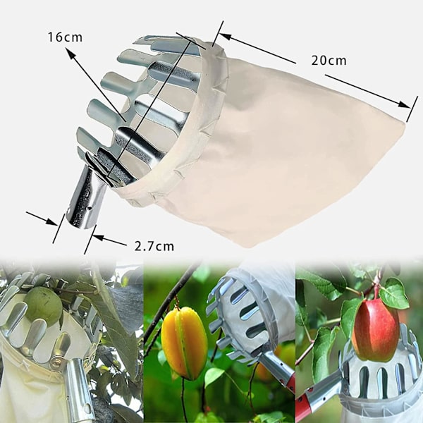 Fruktplockare, 1 fruktplockare, metall, med påse, körsbärsplockare, diameter 16 cm (silver)