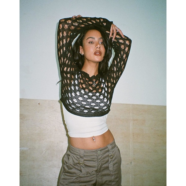 Dame Hul Ud Hæklet Strik Trøje Crop Tops Langærmet Trøje Cropped Style 7 S