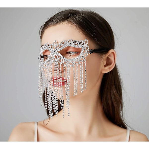 Rhinestone Cat Eye Fringe Maskerad Mardi Gras Mask Med Satängband Bak