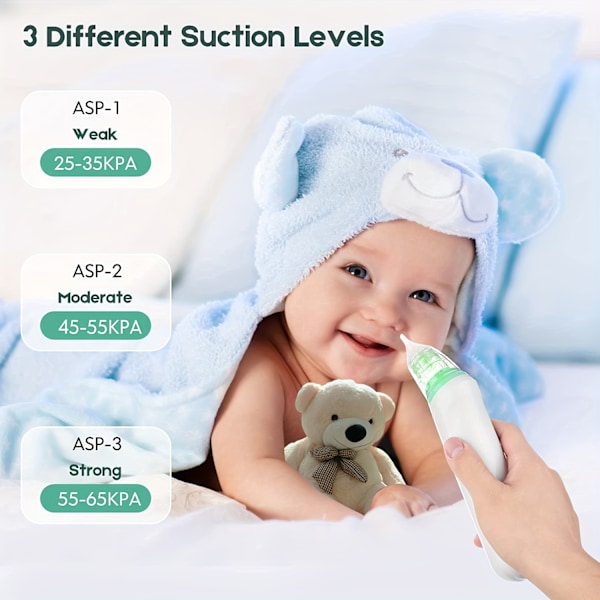 Neseaspirator for baby, elektrisk neseaspirator for småbarn, babynesesuger, automatisk neserenser med 3 silikontupper