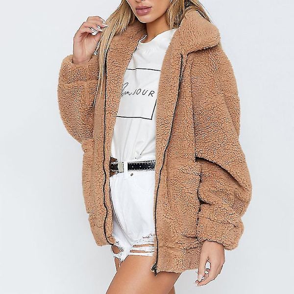 Dame Bjørn Fleece Jakke Frakke Lynlås Overtøj Khaki XL