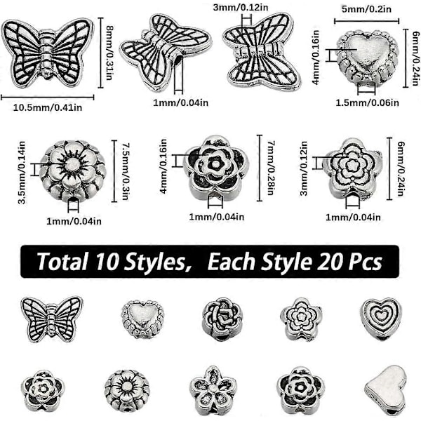 1 Æske 200 stk. 10 Stilarter Blomsterperler Sølv Sommerfugl Perler Bulk Tibetansk Legering Metal Mini Kærlighedshjerte Valentinsdag Fødselsdag Blomsterhætter Spacer Perler til Je