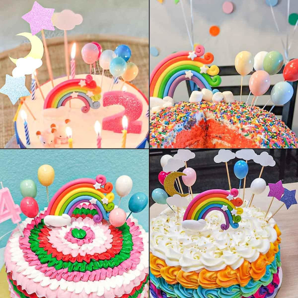 Rainbow Cloud Cake Topper Kit Färgglad keramik Rainbow Clouds Cake Topper & Ballong & Stars & Moon Cupcake Set Födelsedagsfesttillbehör för