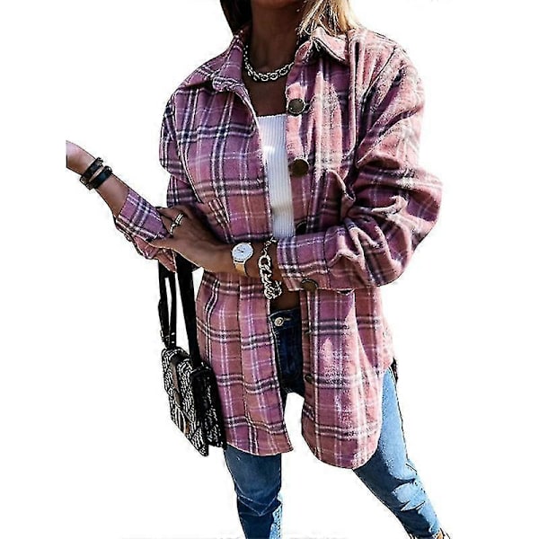 Kvinnors Kläder Rutiga Shacket Jacka Långärmad Knapp Ned Flanell Skjortor Pink M