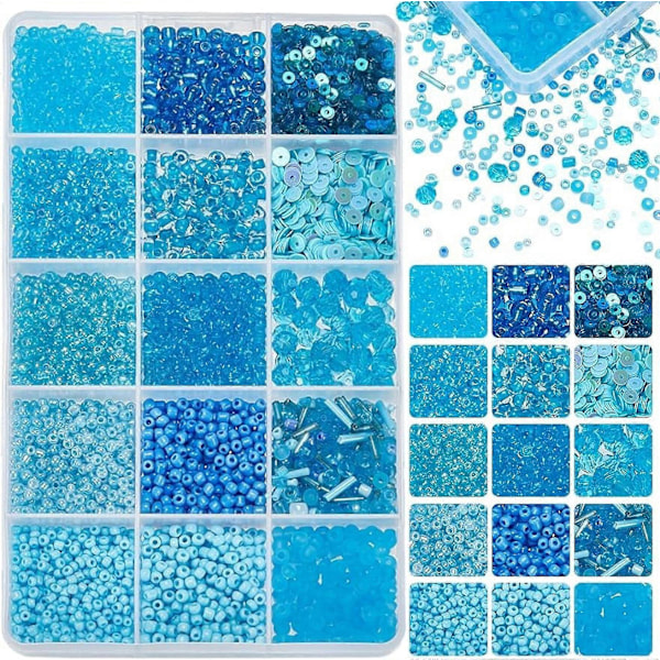 9600 st Blå Pärlor för Hantverk 12 Stilar Glasfrö Pärlor 2mm 3mm 4mm Ponnypärlor med Glas Buglepärlor 6mm Facetterade Glaspärlor 2 Stilar Platta Runda Pailletter