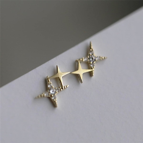 925 sterlingsilver japansk mikroinlägg fyruddig stjärna kristallguld örhängen kvinnor små söta bankettsmycken