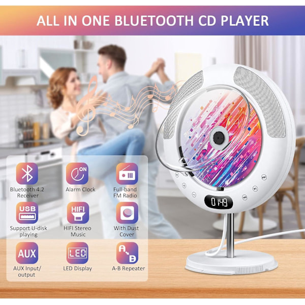 CD-soitin Bluetoothilla, kosketuspainikkeilla, seinäasennettava, tukee kaukosäädintä, näyttöä, FM-radiota, USB- ja TF-korttitoistoa, 3,5 mm liitäntä