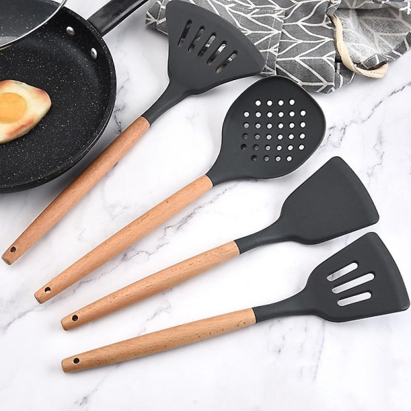 11 st/set Silikon Köksredskap Set Non-stick Silikon Matlagningsredskap Köksartiklar med Trähandtag Ny