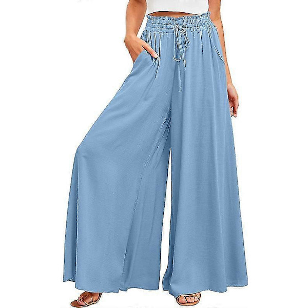Bukser til kvinder, afslappede elastiske taljebukser med brede ben og lommer light blue XL