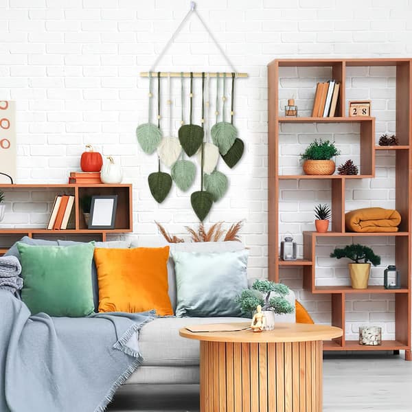 Makramé Väggbonad med Tofsar, Boho Dekoration, Makramé, Väggbonad med Träpärlor och Gröna Löv, Väggbonad