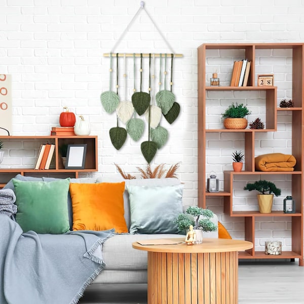 Makramee Seinävaate Tupsut Gobeliini, Boho Sisustus, Makramee, Gobeliini Puuhelmillä ja Vihreillä Lehdillä, Gobeliini Seinävaate