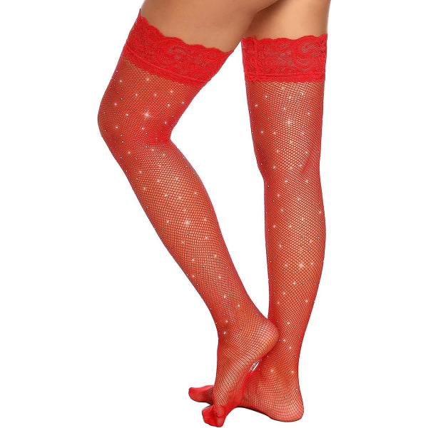 Anti-skli Silikon Blonde Silke Lårhøye Strømper for Kvinner Rhinestone Red One Size