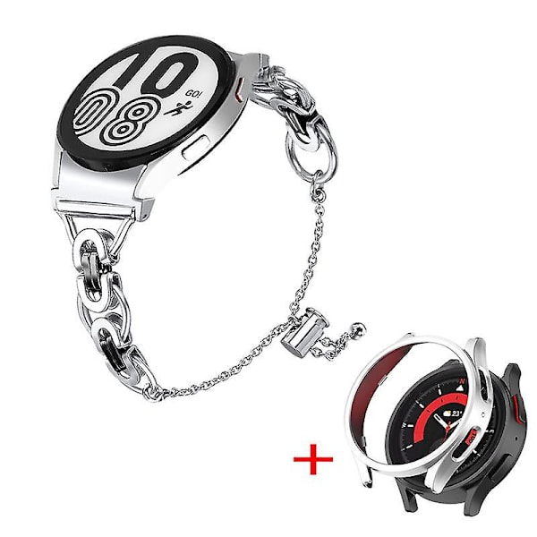 Rostfritt stål klockarmband pärldekor för Samsung Galaxy Watch 5 44mm med PC skyddande ram Silve  Black Silver Watch Fram