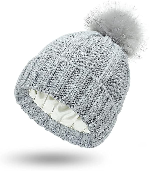 Kvinnors stickade mössa med satin foder Pom Pom vinter varm mössa Bobble hatt