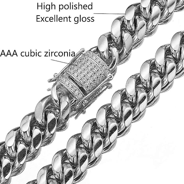Herr Miami Cuban Link Chain Vit 15mm Rostfritt Stål Curb Halsband Med Cz Diamantkedja Choker