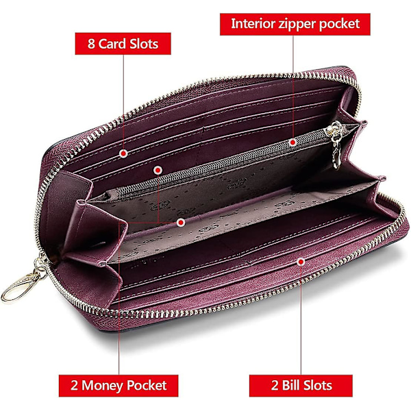 Ko-läder Clutch Plånböcker för Kvinnor Vikbara Plånböcker Stora Plånböcker med Blixtlås, Ko-läder Damtelefonfodral Plånböcker med Handledsrem Kortinnehavare (Lila)