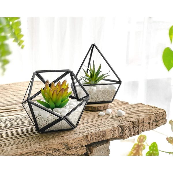 Konstgjord suckulent i 3-pack Miniglas Geometriskt Terrarium, Miniatyrkrukad konstväxt Bokhylla Skrivbord Boho Kontorsrumsinredning för kvinnor Flickor Sovsal