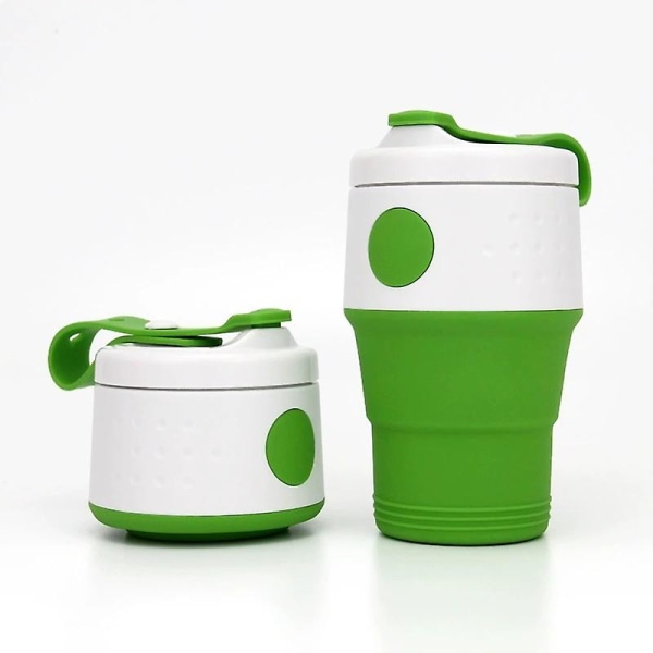 Bärbar hopfällbar kaffekopp, 395 ml återanvändbar och hopfällbar resemugg i silikon med lock, tål diskmaskin Green