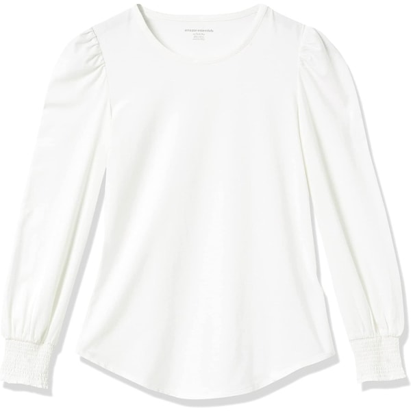 Kvinnors långärmad T-shirt med rund halsringning och smockad manschett White S