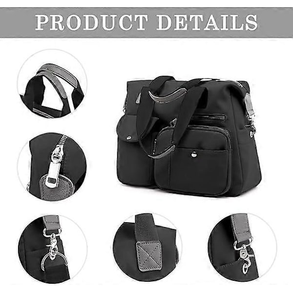 Dame Tote Taske Nylon Multi Lomme Skuldertasker Laptop Arbejdstaske Lærer Taske og Håndtasker Sort