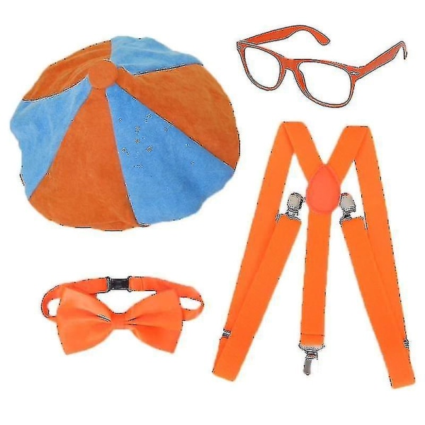 Cosplay-kostymtillbehör perfekta för att klä upp och leka - inklusive den ikoniska orange flugan, hängslen, hatten och glasögonen