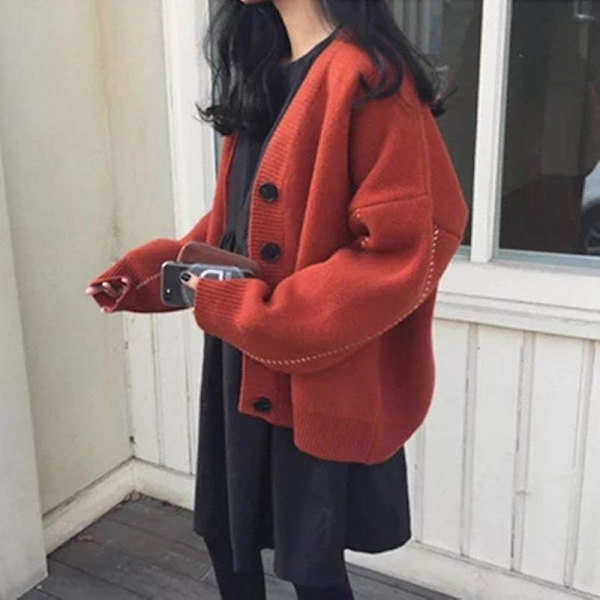 Multifarvet efterårs- og vinter afslappet og løs plus cardigan sweater frakke dame v-hals mid-længde sweater Orange M