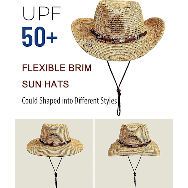 Kvinnors Halm Solhatt Herr Cowboy Stil Trädgårdshytt Upf 50+ Bred Brätte Sommarhatt Style 2