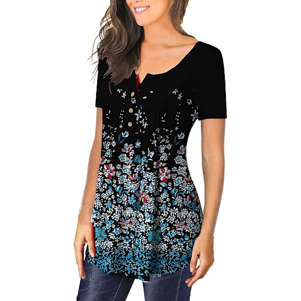 Dame Tunika Topper Ensfarget Plissert V-hals Knapper Bluse Blomstertrykte Damer Dotwhite 3XL