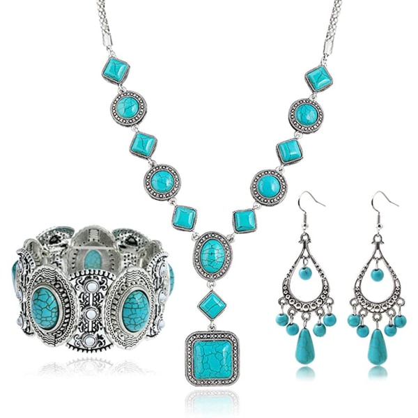 3 delar bohemisk turkos smycken set kvinnor Western smycken set turkos hänge halsband, vintage turkos dinglar örhängen