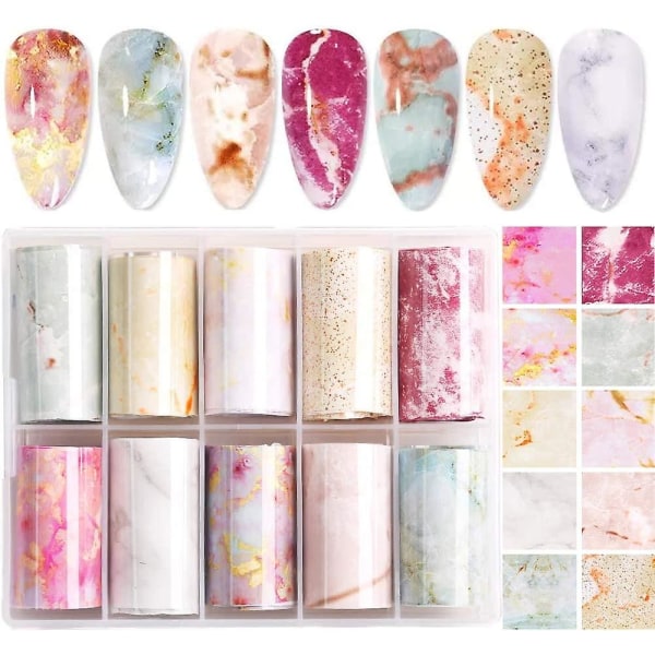 Marmor nagelfolie överföringsdekal, 10 rullar marmorsten nagelfolier färgglada blommande tryck nagelkonst folieomslag dekaler diy nageldekoration för kvinnor G