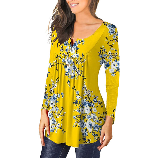 Dame Tunika Topper Ensfarget Plissert V-hals Knapper Bluse Blomstertrykte Damer Tealwhite 3XL