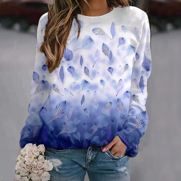 Damtröja med rund print Långärmad tröja Casual Blus Pullover