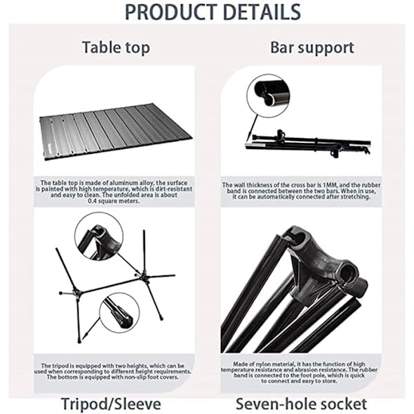 Fällbart Campingbord för Utomhus, 2-4 Personer, Justerbar Höjd, Bärbar Aluminium Fällbord med Bärväska för Camping, Vandring, Picknick, Grill