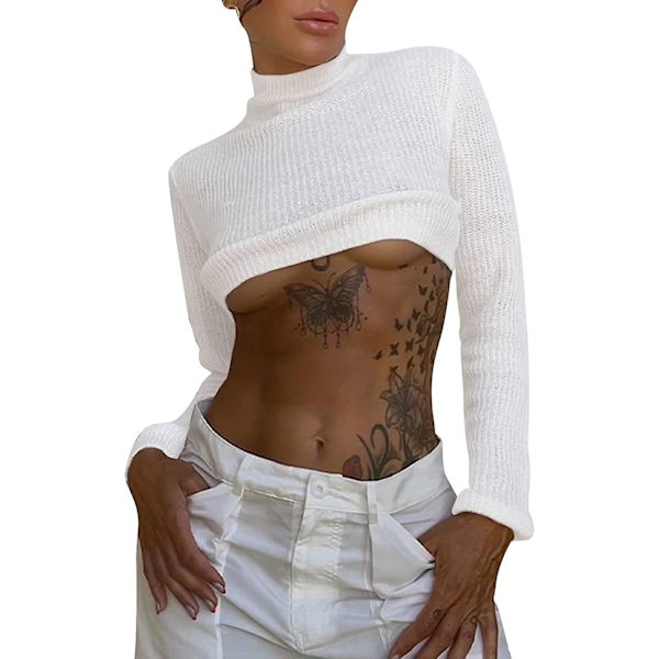 Dame Hul Ud Hæklet Strik Trøje Crop Tops Langærmet Trøje Cropped Style 10 L