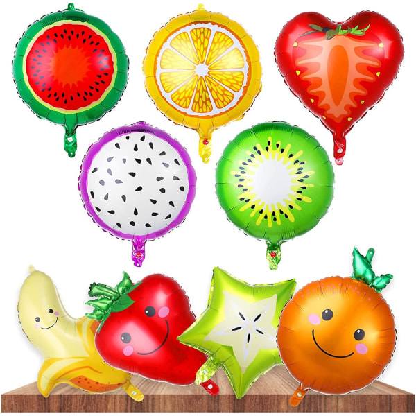 18 stycken fruktballonger, fruktfestdekorationer med band och halm, frukt aluminiumfolieballonger Tutti Frutti festdekorationer Tropisk frukt Fo